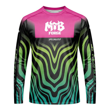 Specialized Fox Pink Black Green Long Sleeve Mountain Bike Jersey - front view mockup