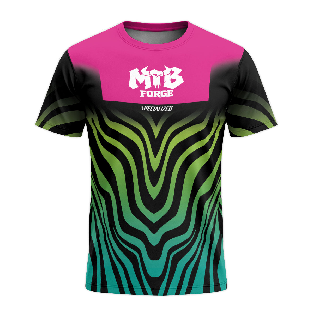 Specialized Fox Pink Black Green Short Sleeve Mountain Bike Jersey - front view mockup