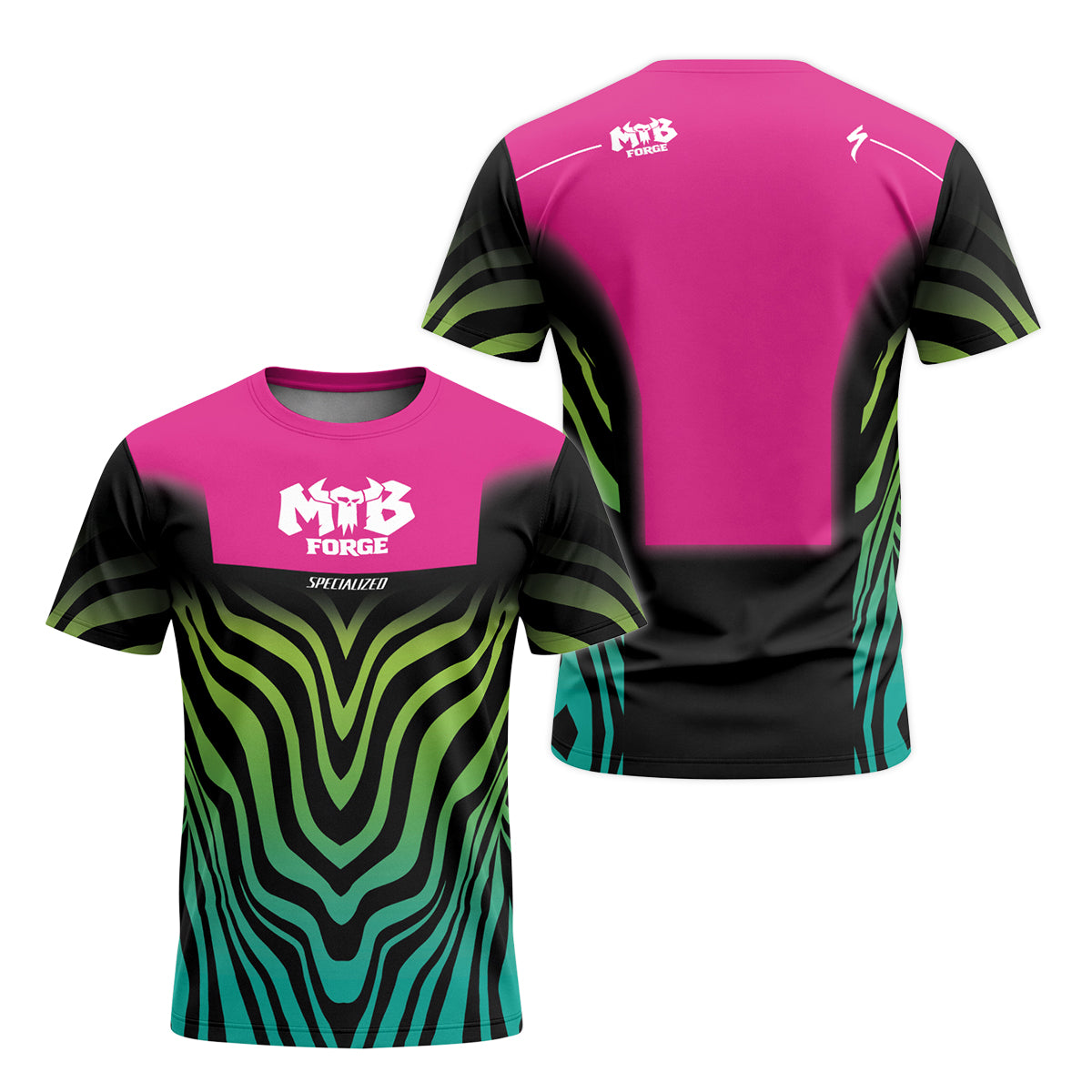 Specialized Fox Pink Black Green Short Sleeve Mountain Bike Jersey - front and back view