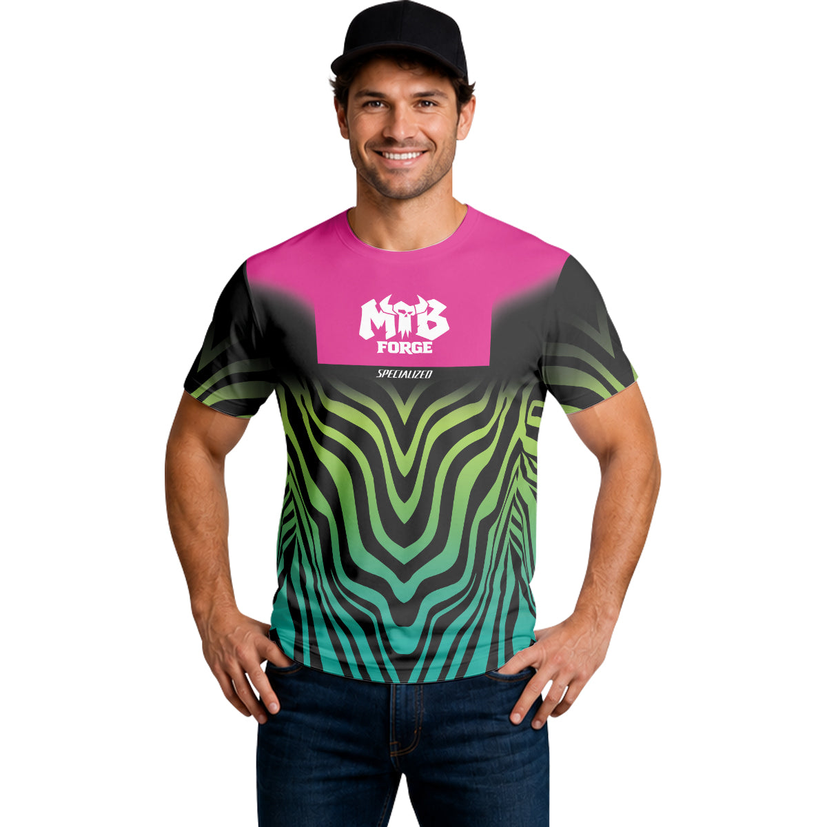 Specialized Fox Pink Black Green Short Sleeve Mountain Bike Jersey - lifestyle view