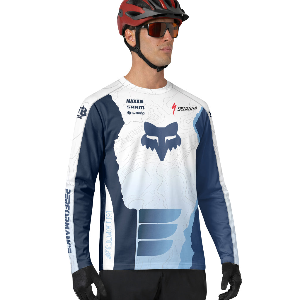 Specialized Fox White Blue Topographic Long Sleeve Mountain Bike Jersey - lifestyle view