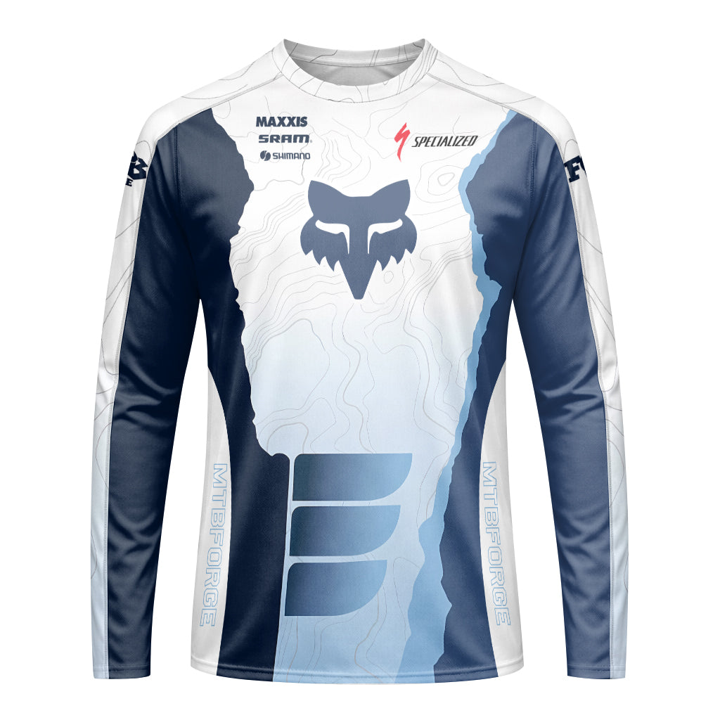 Specialized Fox White Blue Topographic Long Sleeve Mountain Bike Jersey - front view mockup