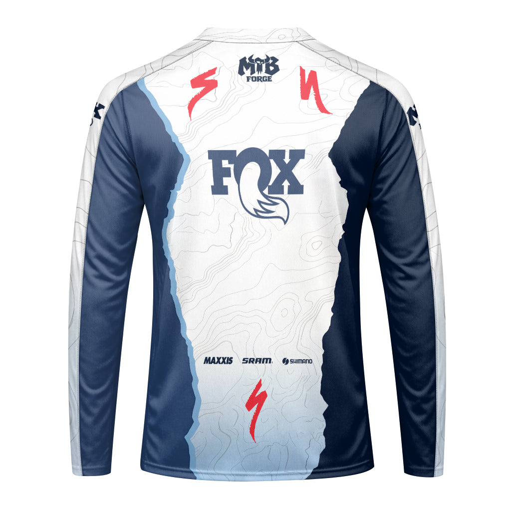 Specialized Fox White Blue Topographic Long Sleeve Mountain Bike Jersey - front view mockup