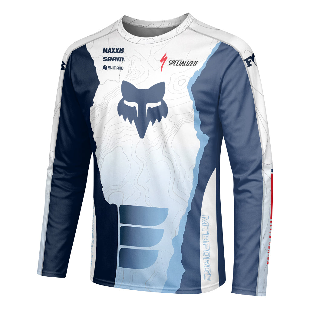 Specialized Fox White Blue Topographic Long Sleeve Mountain Bike Jersey - left side mockup