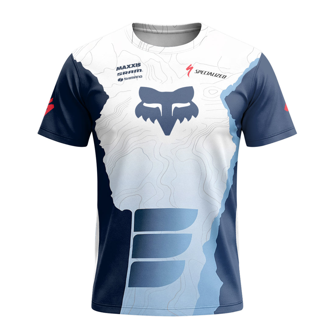 Specialized Fox White Blue Topographic Short Sleeve Mountain Bike Jersey - front and back view