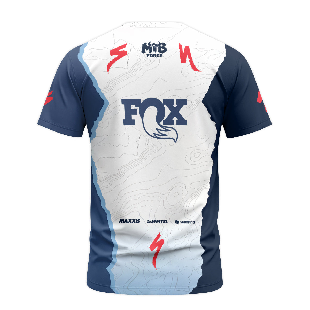 Specialized Fox White Blue Topographic Short Sleeve Mountain Bike Jersey - back view mockup