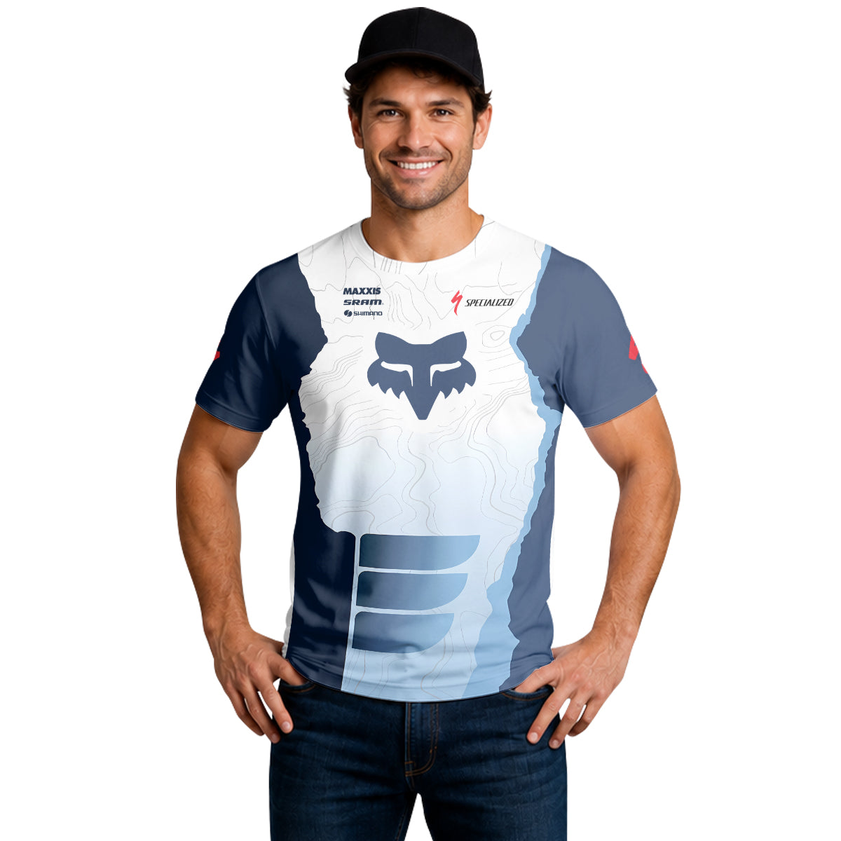 Specialized Fox White Blue Topographic Short Sleeve Mountain Bike Jersey - lifestyle view