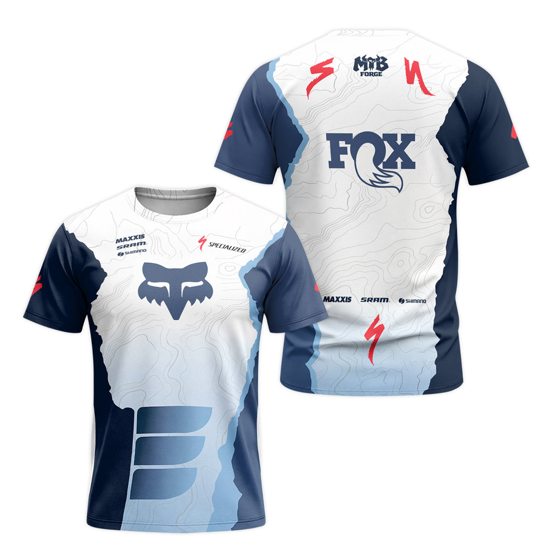 Specialized Fox White Blue Topographic Short Sleeve Mountain Bike Jersey - front and back view