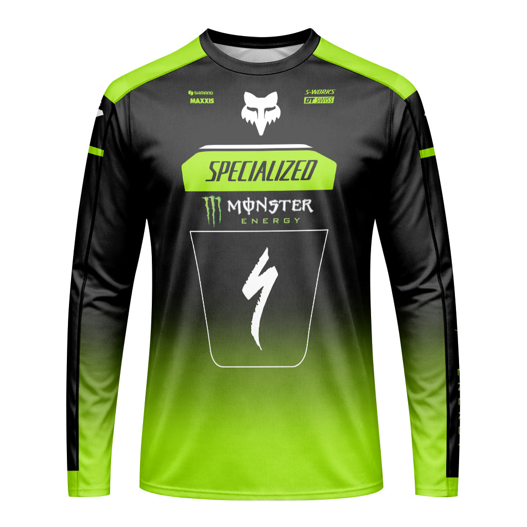 Specialized Monster Energy Black Green Long Sleeve Mountain Bike Jersey - front view mockup