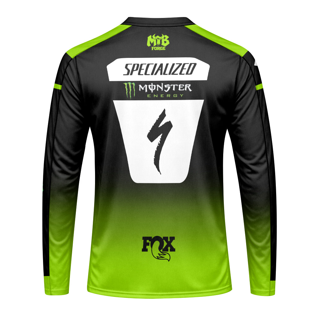 Specialized Monster Energy Black Green Long Sleeve Mountain Bike Jersey - back view mockup