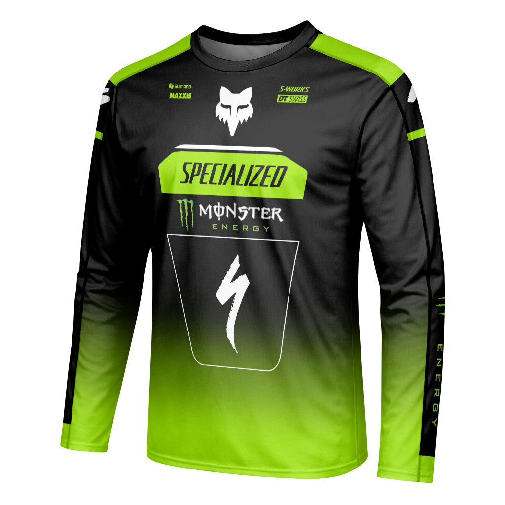 Specialized Monster Energy Black Green Long Sleeve Mountain Bike Jersey - left side mockup