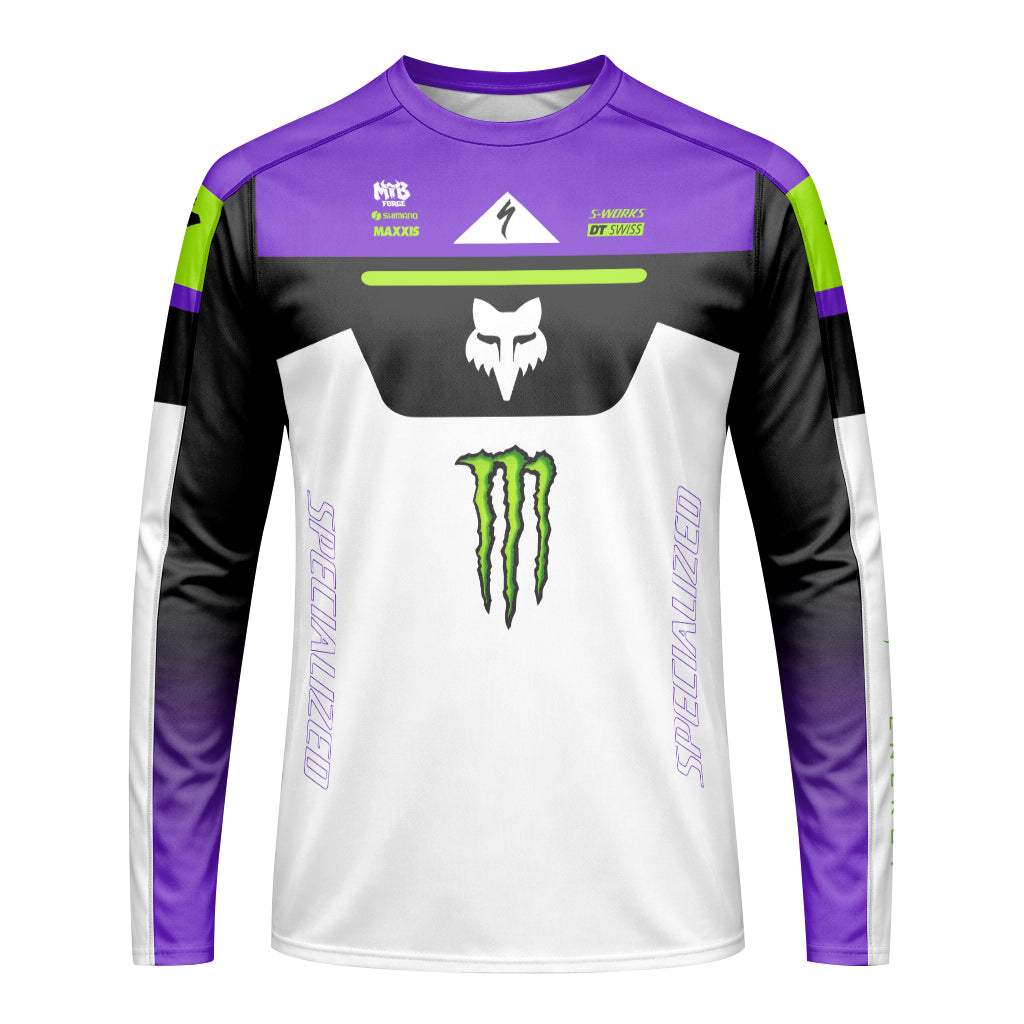 Specialized Monster Energy Purple White Long Sleeve Mountain Bike Jersey - front view mockup