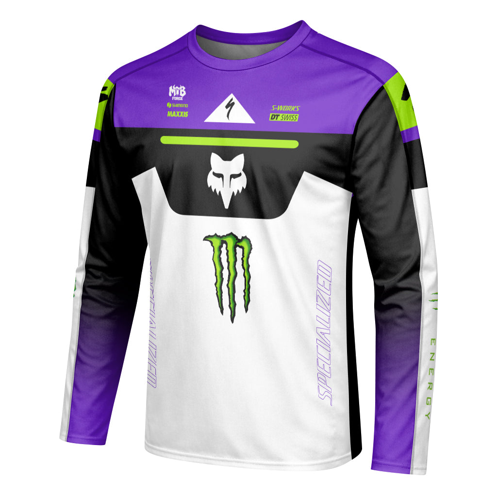 Specialized Monster Energy Purple White Long Sleeve Mountain Bike Jersey - left side mockup