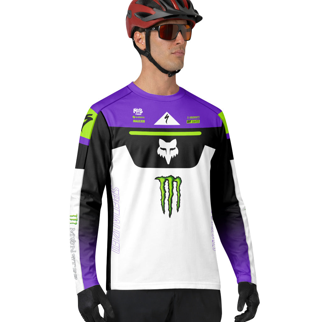 Specialized Monster Energy Purple White Long Sleeve Mountain Bike Jersey - lifestyle view