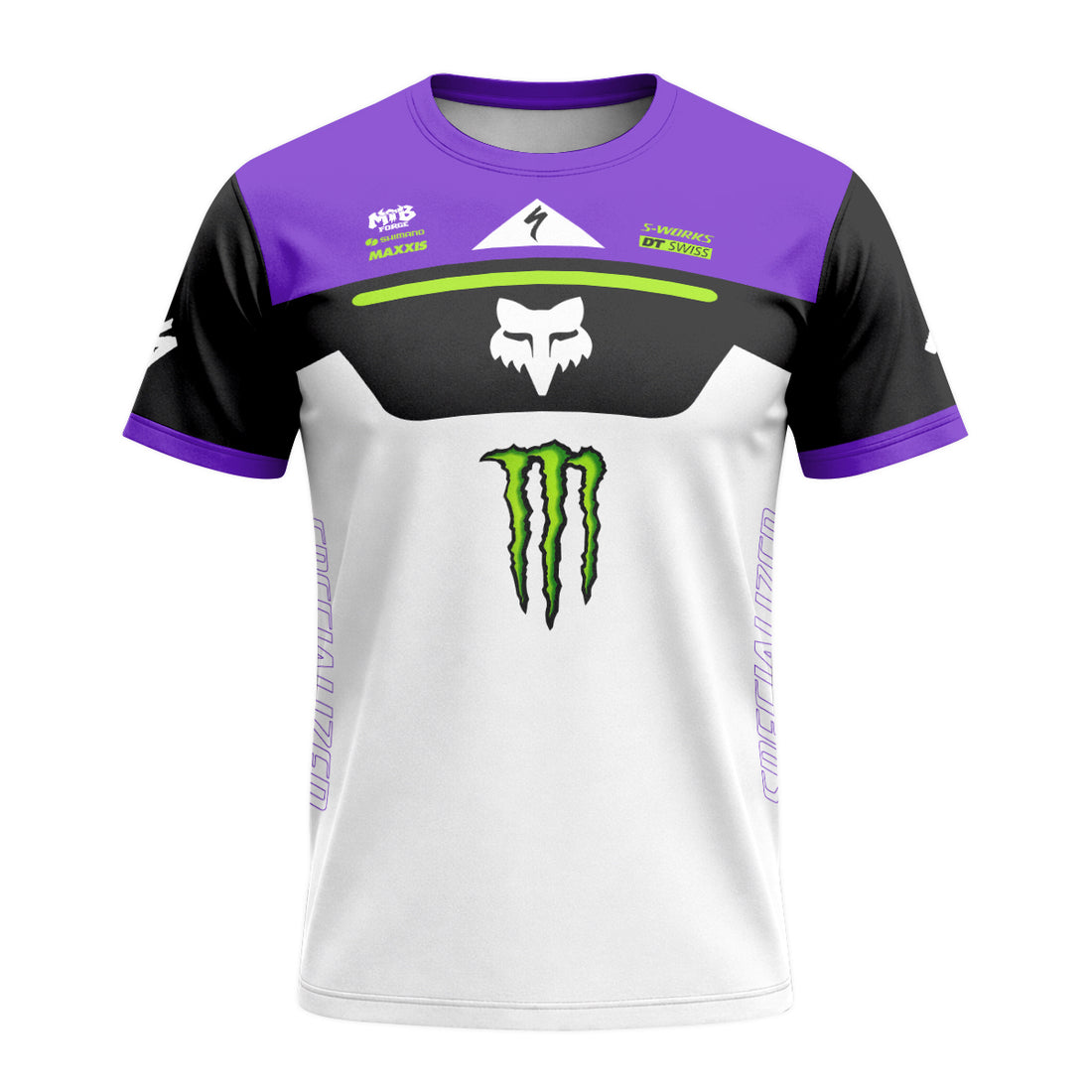 Specialized Monster Energy Purple White Short Sleeve Mountain Bike Jersey - front and back view
