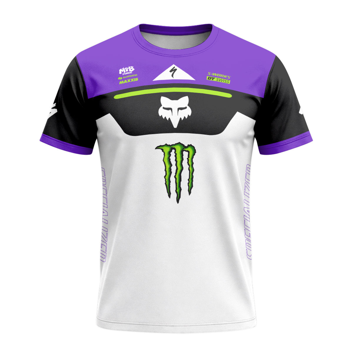 Specialized Monster Energy Purple White Short Sleeve Mountain Bike Jersey - front view mockup