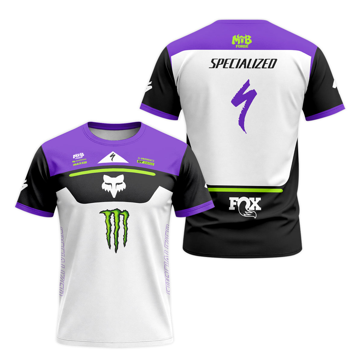 Specialized Monster Energy Purple White Short Sleeve Mountain Bike Jersey - front and back view