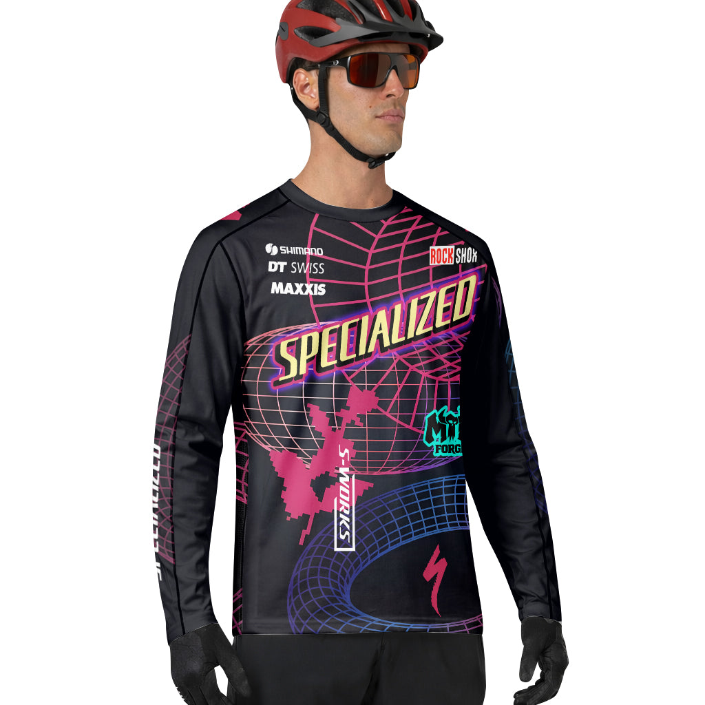 Specialized Neon Grid Black Pink Long Sleeve Mountain Bike Jersey - lifestyle view
