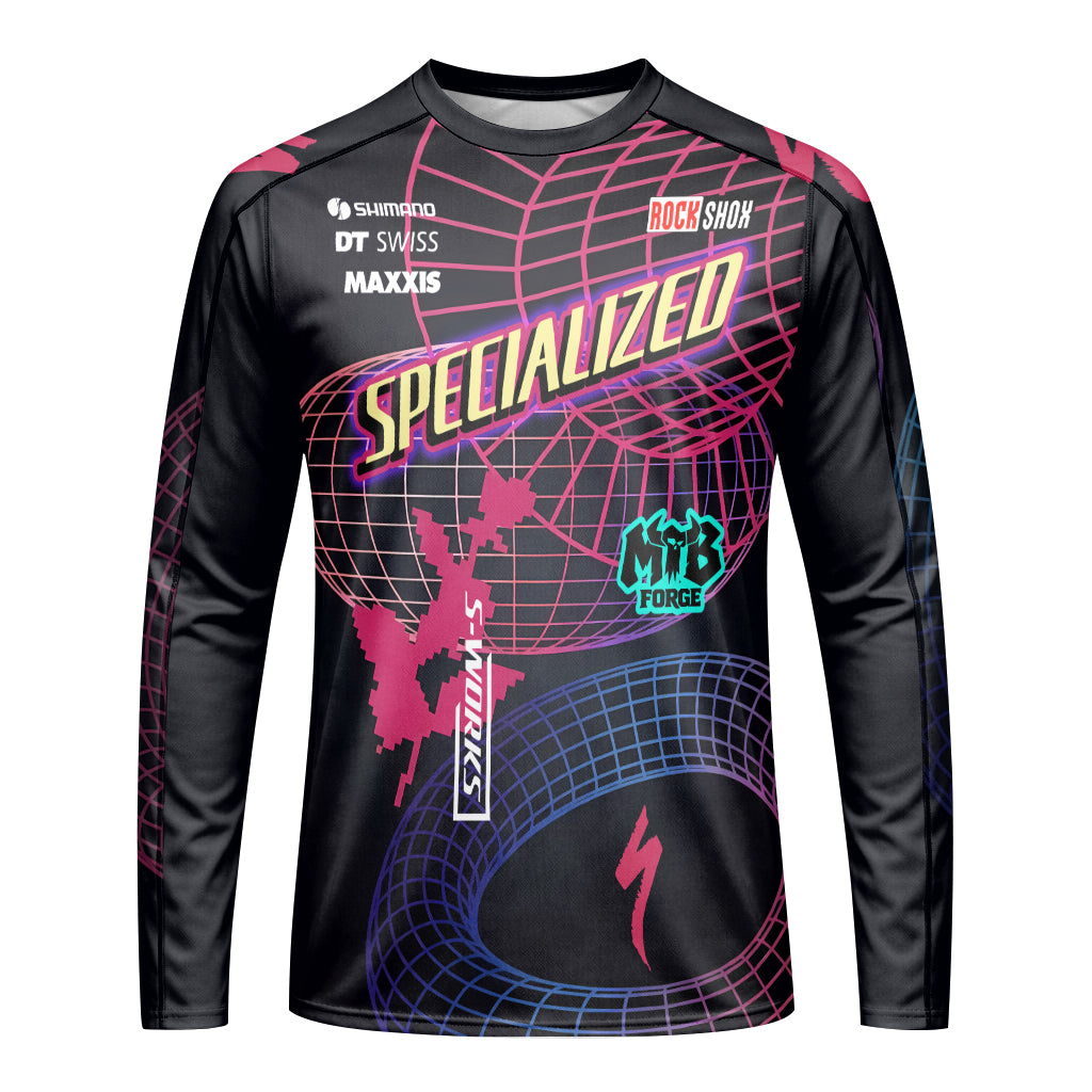 Specialized Neon Grid Black Pink Long Sleeve Mountain Bike Jersey - front view mockup