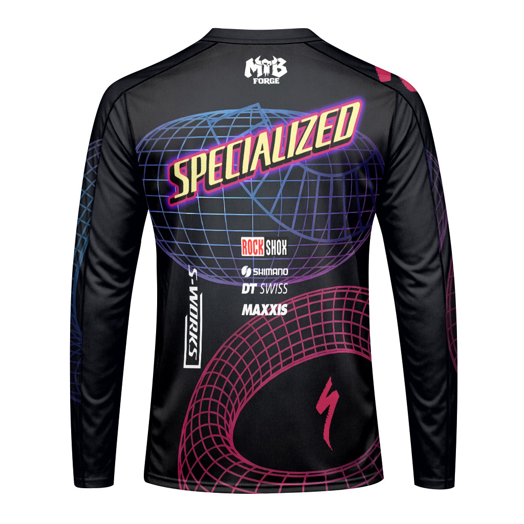 Specialized Neon Grid Black Pink Long Sleeve Mountain Bike Jersey - front view mockup
