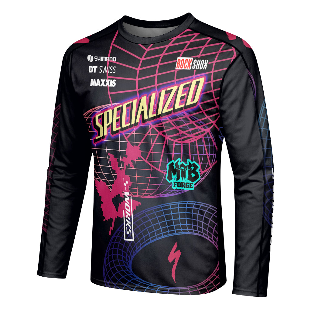 Specialized Neon Grid Black Pink Long Sleeve Mountain Bike Jersey - left side mockup