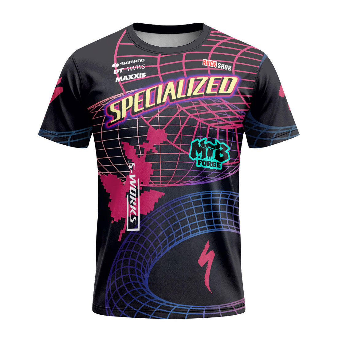 Specialized Neon Grid Black Pink Short Sleeve Mountain Bike Jersey - front and back view