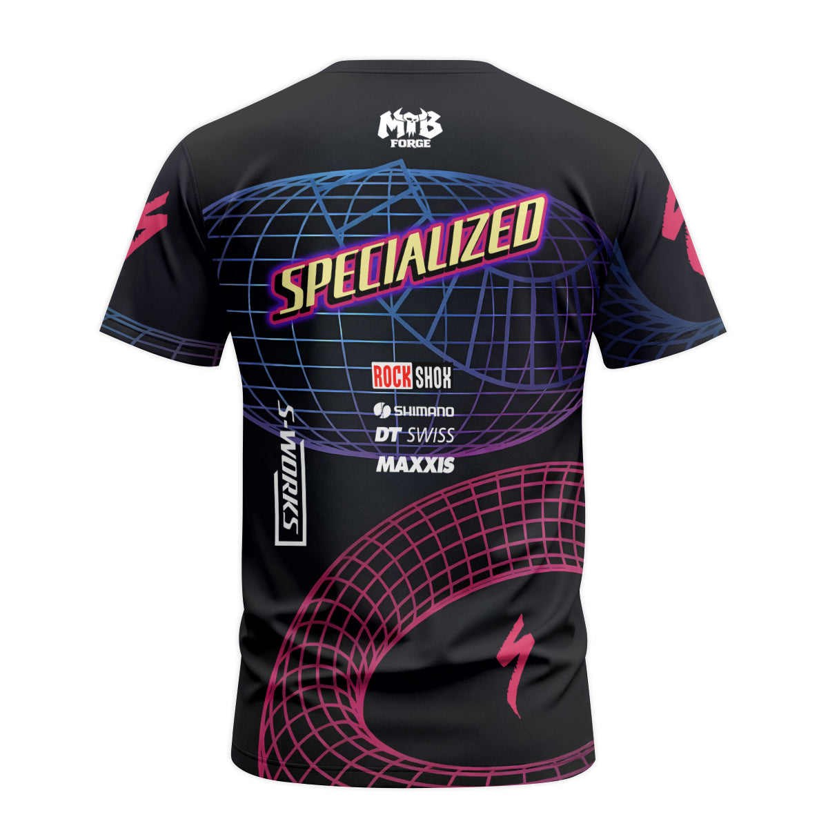 Specialized Neon Grid Black Pink Short Sleeve Mountain Bike Jersey - back view mockup