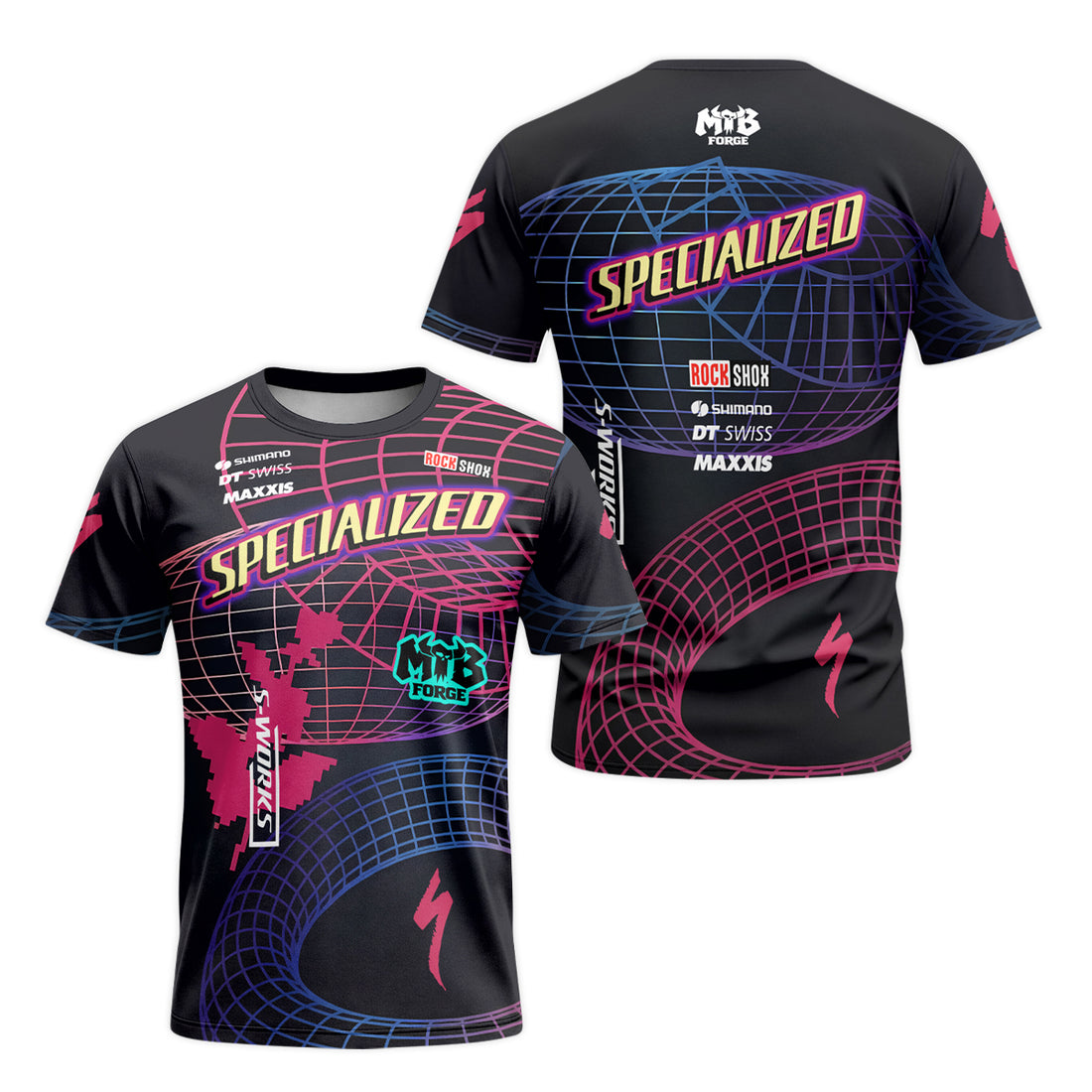 Specialized Neon Grid Black Pink Short Sleeve Mountain Bike Jersey - front and back view