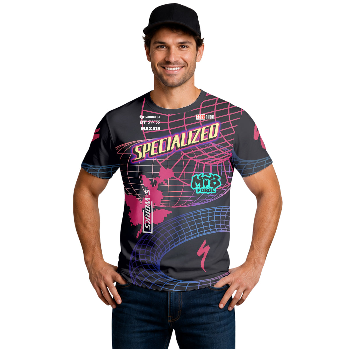 Specialized Neon Grid Black Pink Short Sleeve Mountain Bike Jersey - lifestyle view
