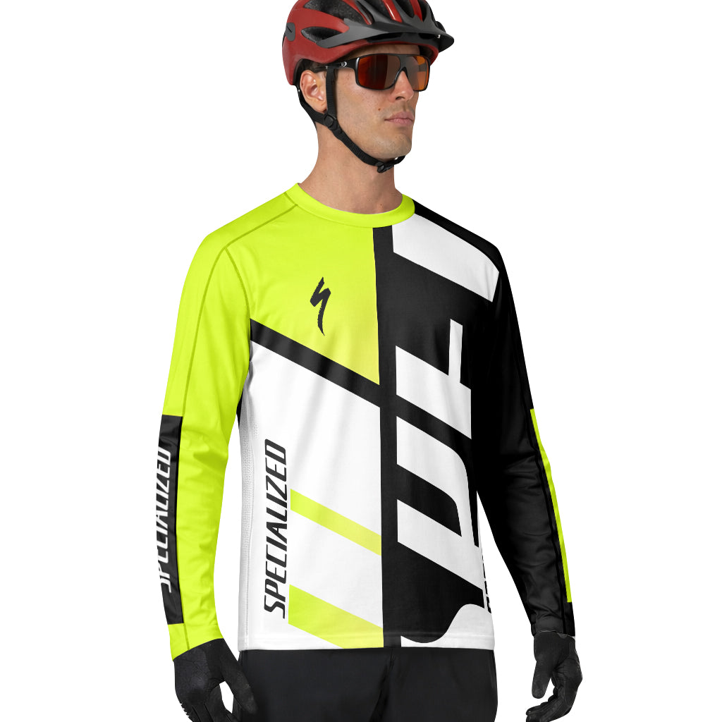 Specialized Neon Yellow Black White Long Sleeve Mountain Bike Jersey - lifestyle view