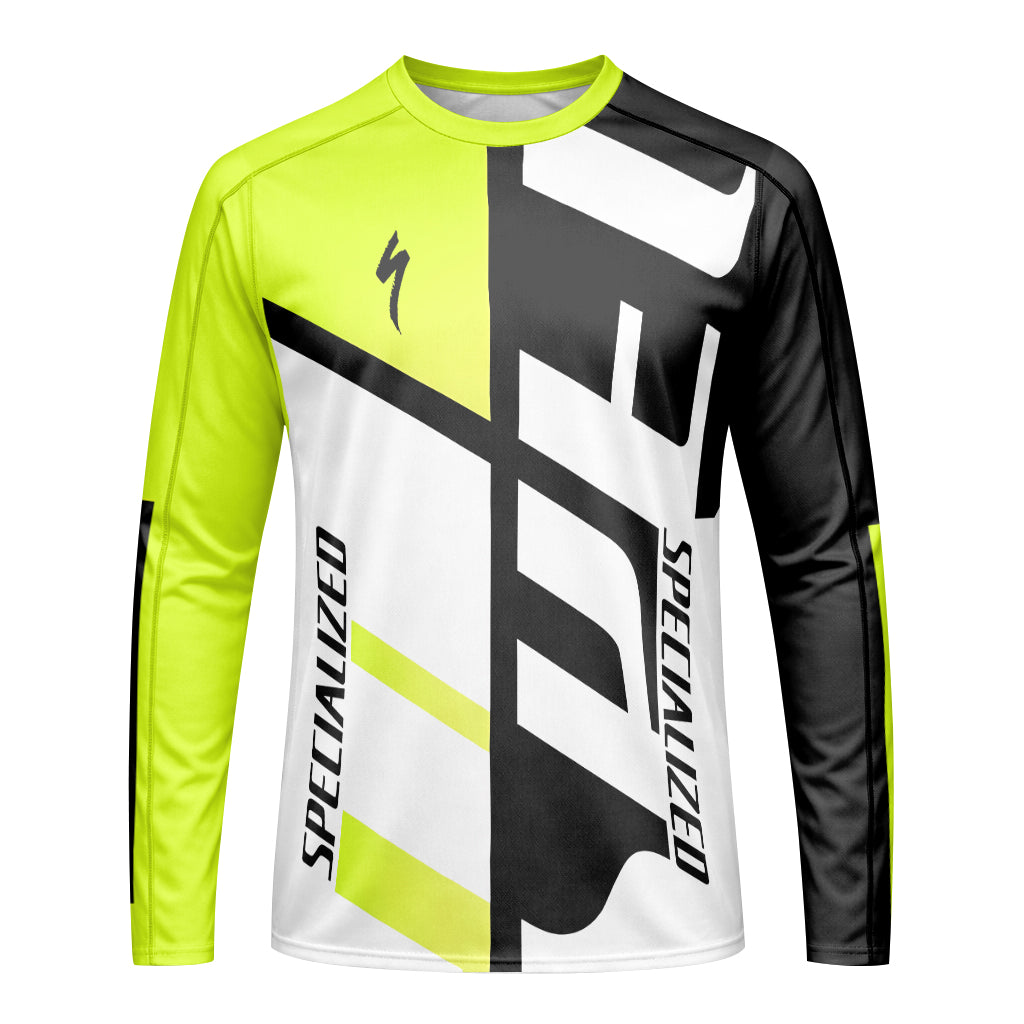 Specialized Neon Yellow Black White Long Sleeve Mountain Bike Jersey - front view mockup