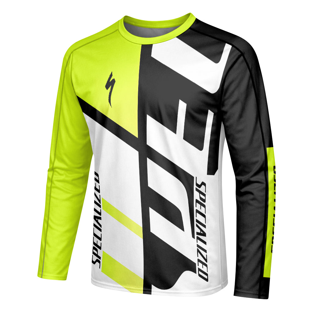 Specialized Neon Yellow Black White Long Sleeve Mountain Bike Jersey - left side mockup