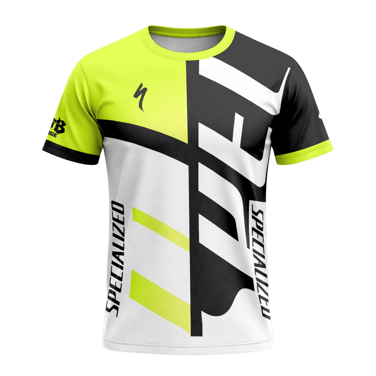 Specialized Neon Yellow Black White Short Sleeve Mountain Bike Jersey - front view mockup