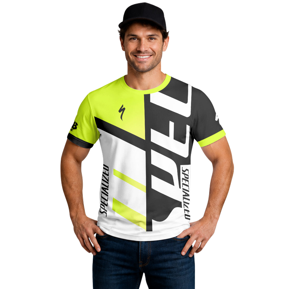 Specialized Neon Yellow Black White Short Sleeve Mountain Bike Jersey - lifestyle view