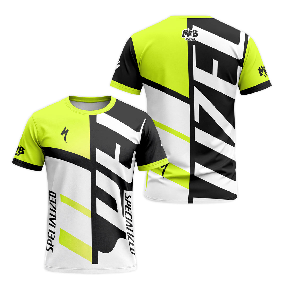 Specialized Neon Yellow Black White Short Sleeve Mountain Bike Jersey - front and back view