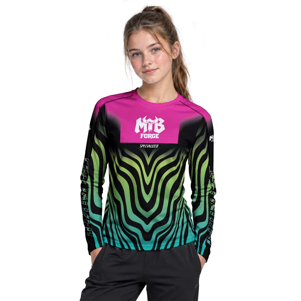 Specialized Pink Black Green Youth Long Sleeve Mountain Bike Jersey – Girl Lifestyle View