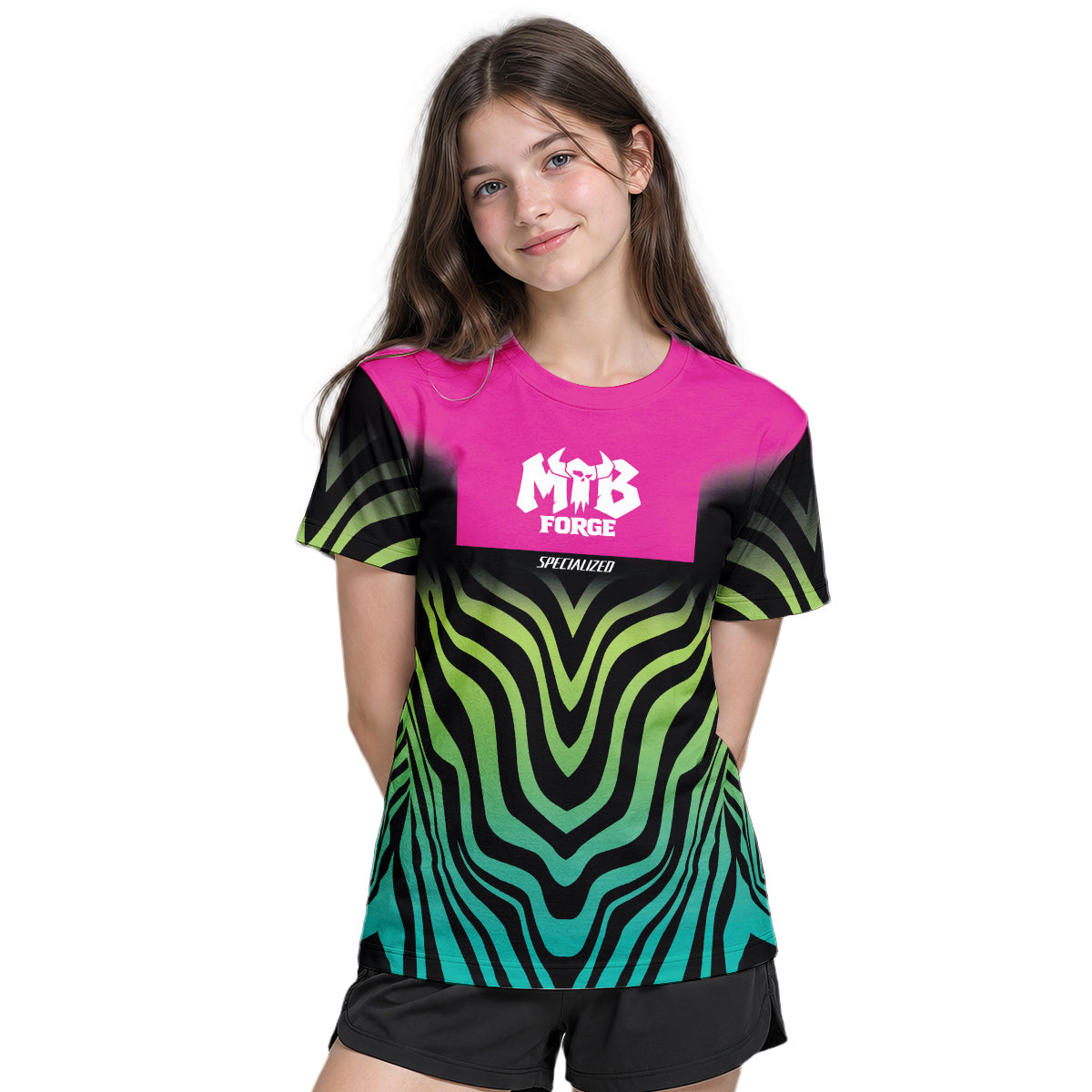 Specialized Pink Black Green Youth Short Sleeve Mountain Bike Jersey – Girl Lifestyle View