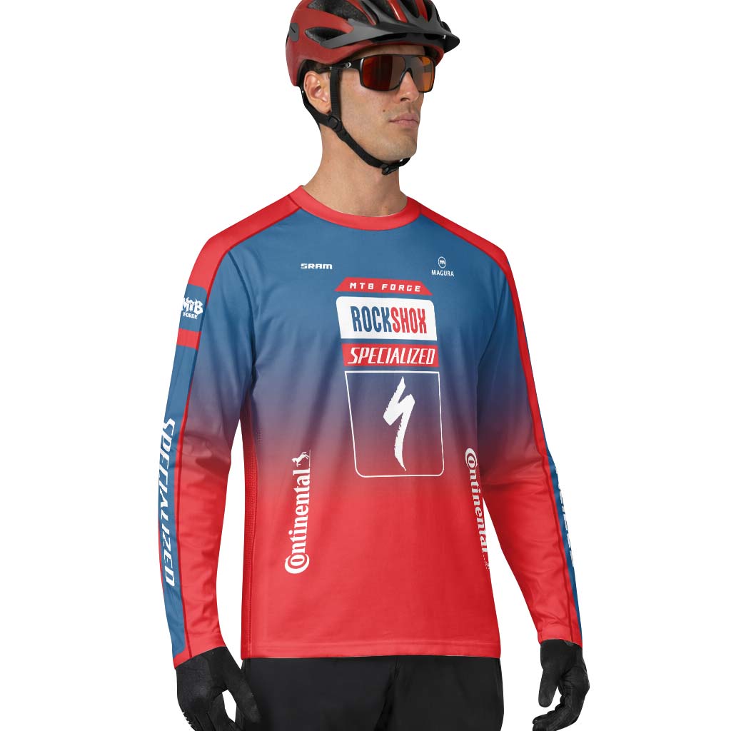 Specialized RockShox Blue Red Long Sleeve Mountain Bike Jersey - lifestyle view