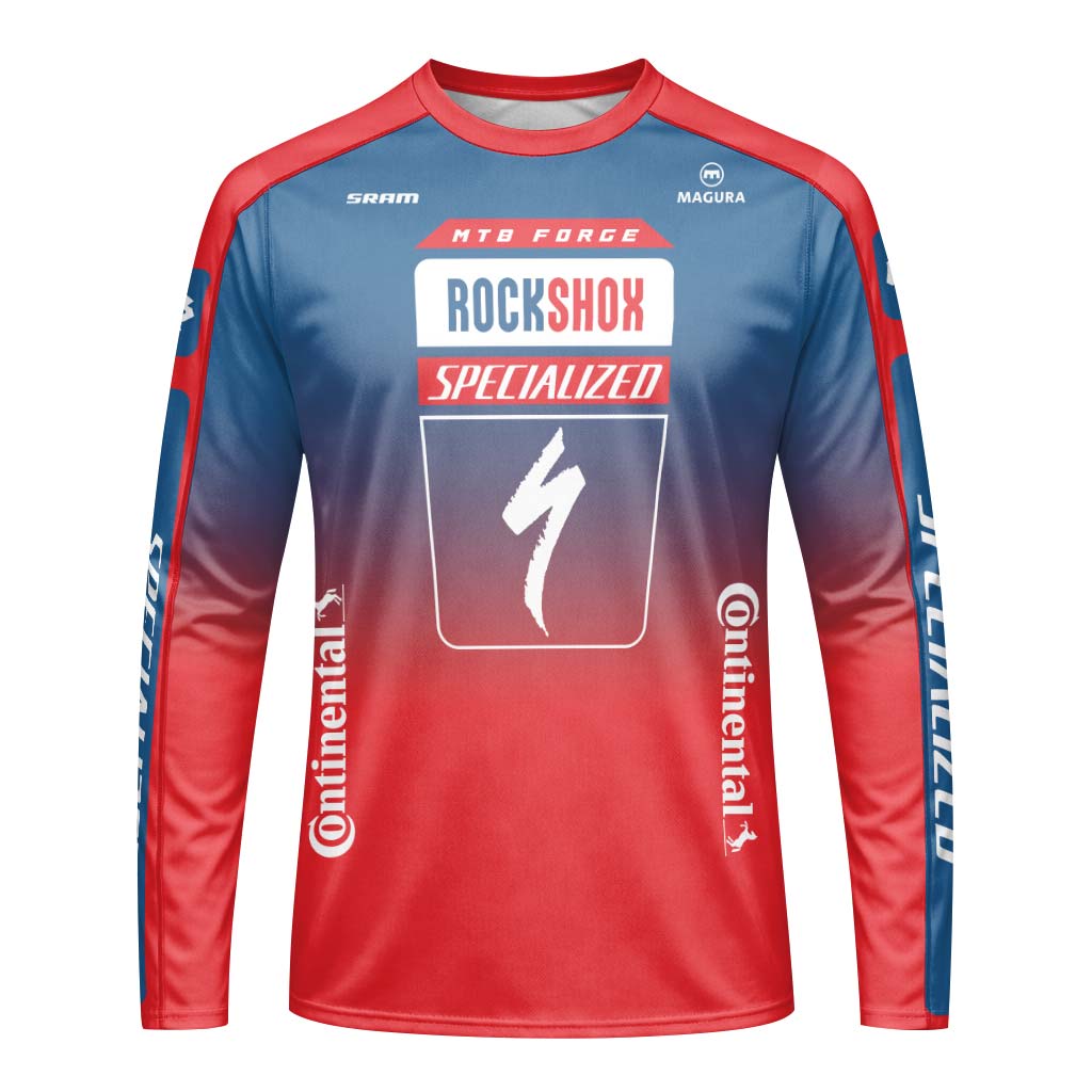 Specialized RockShox Blue Red Long Sleeve Mountain Bike Jersey - front view mockup