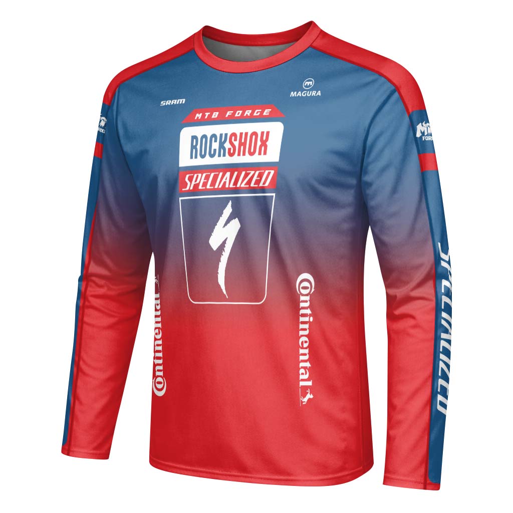 Specialized RockShox Blue Red Long Sleeve Mountain Bike Jersey - left side mockup