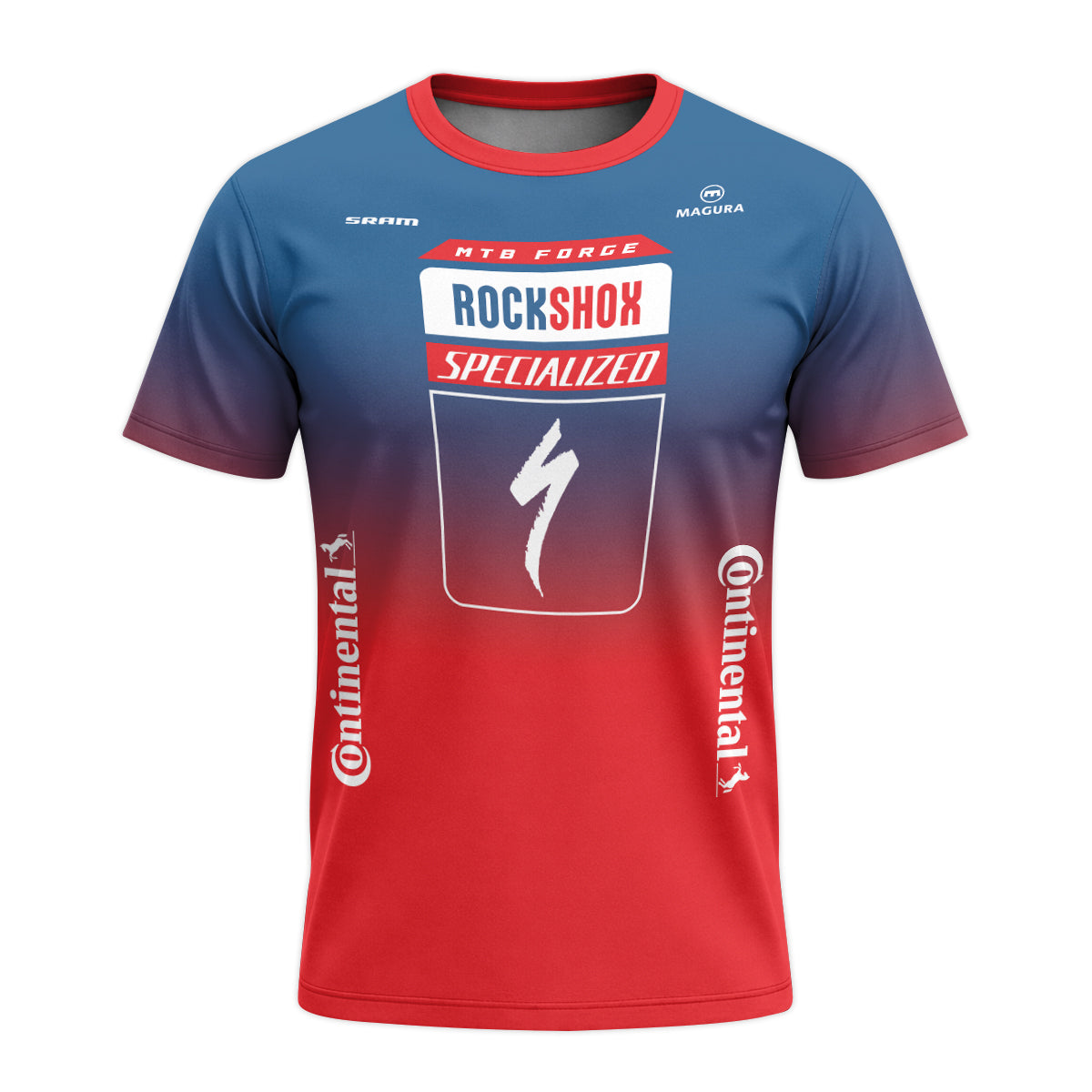Specialized RockShox Blue Red Short Sleeve Mountain Bike Jersey - front view mockup