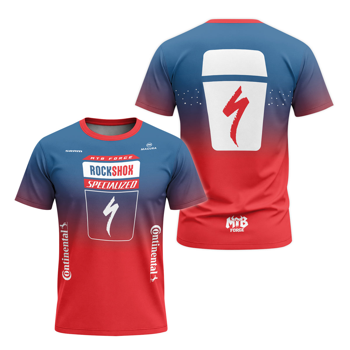 Specialized RockShox Blue Red Short Sleeve Mountain Bike Jersey - front and back view