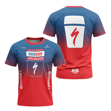 Specialized RockShox Blue Red Short Sleeve Mountain Bike Jersey - front and back view
