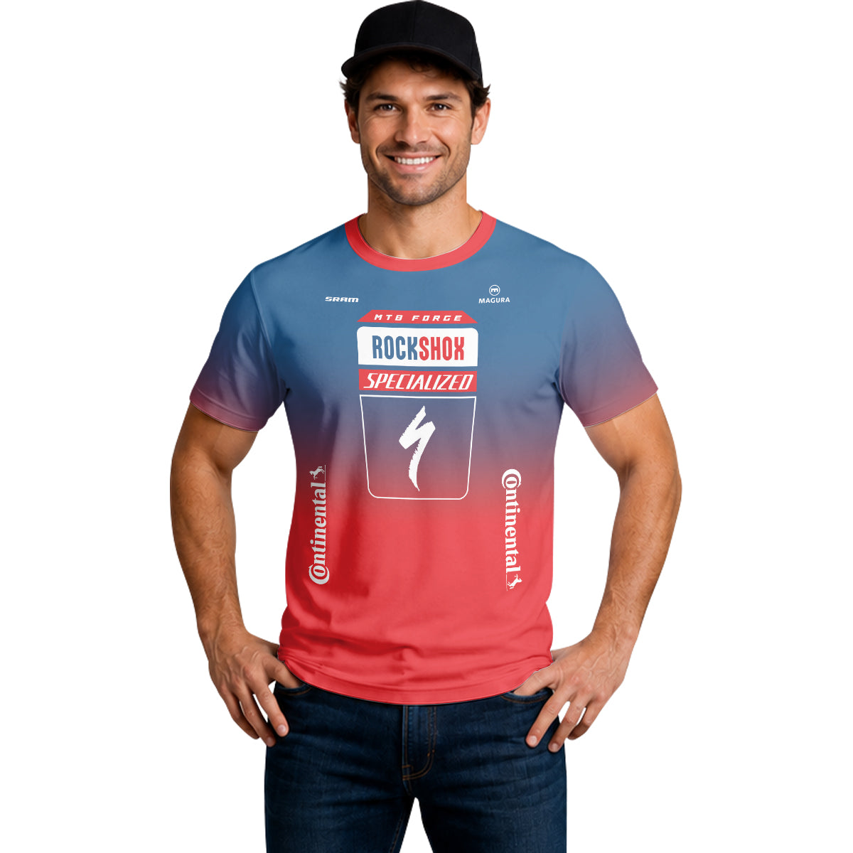 Specialized RockShox Blue Red Short Sleeve Mountain Bike Jersey - lifestyle view