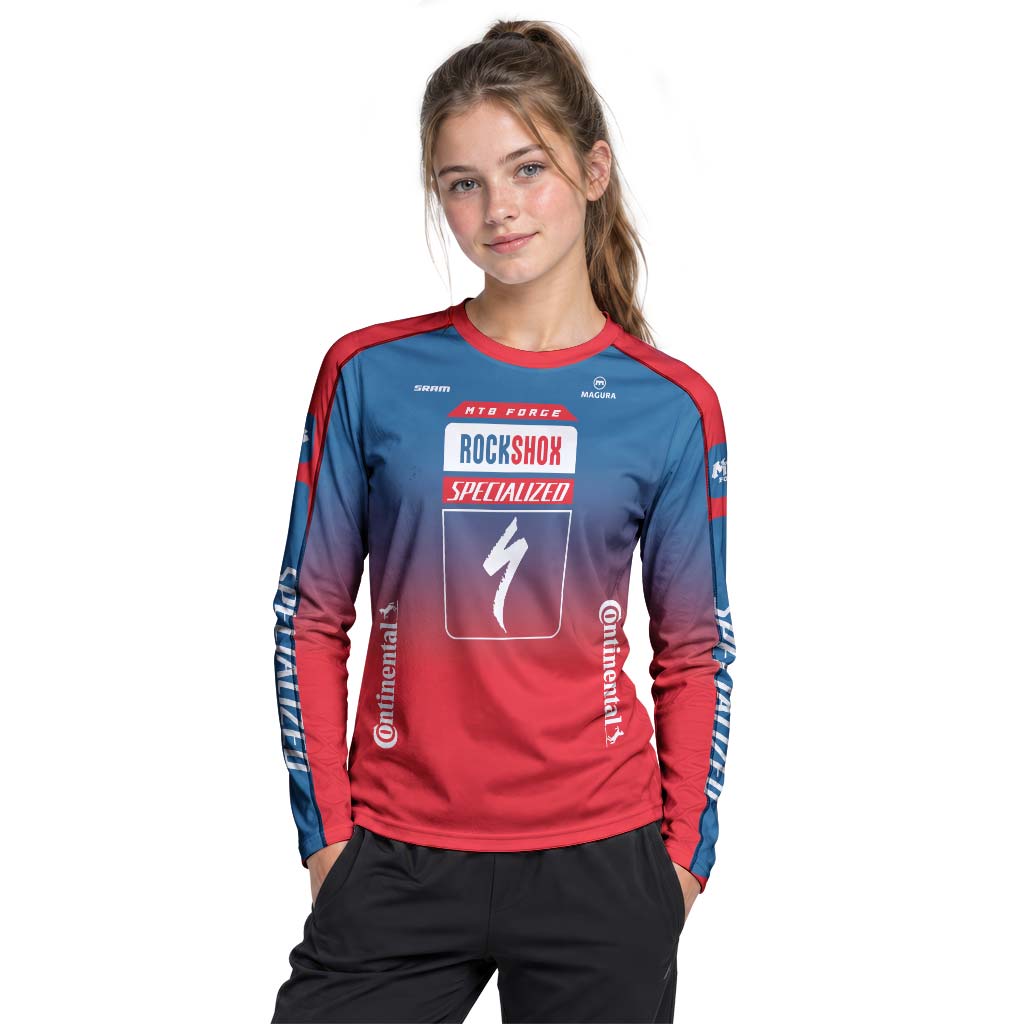 Specialized RockShox Blue Red Youth Long Sleeve Mountain Bike Jersey – Girl Lifestyle View