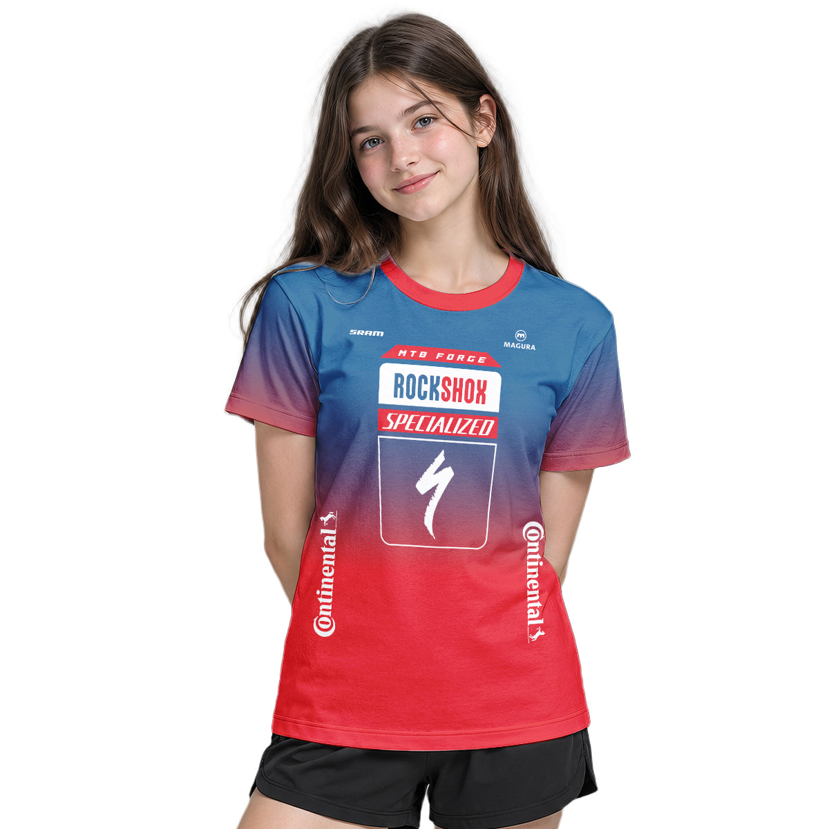 Specialized RockShox Blue Red Youth Short Sleeve Mountain Bike Jersey – Girl Lifestyle View