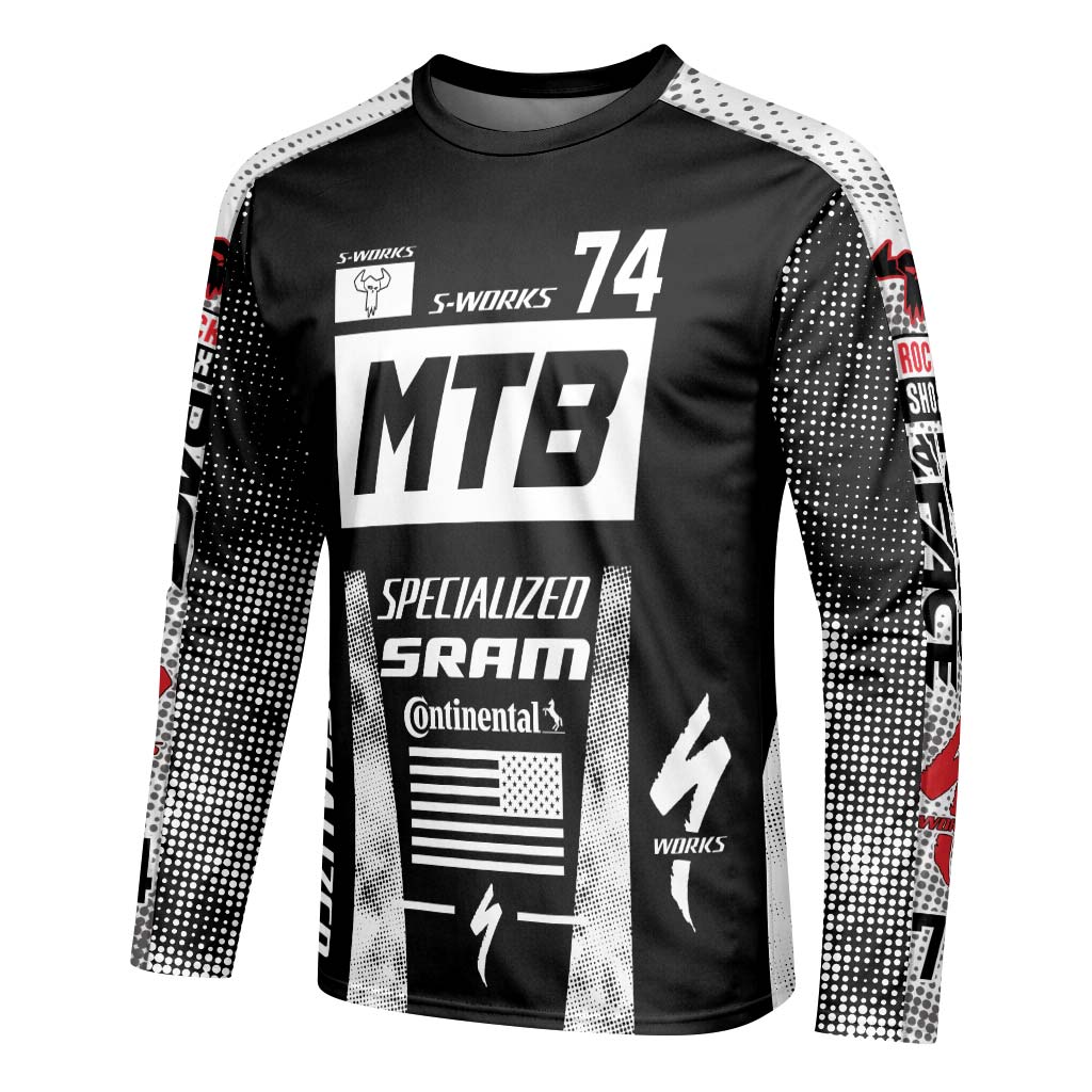 Specialized S-Works 74 Black White Long Sleeve Mountain Bike Jersey – Left Side View Mockup