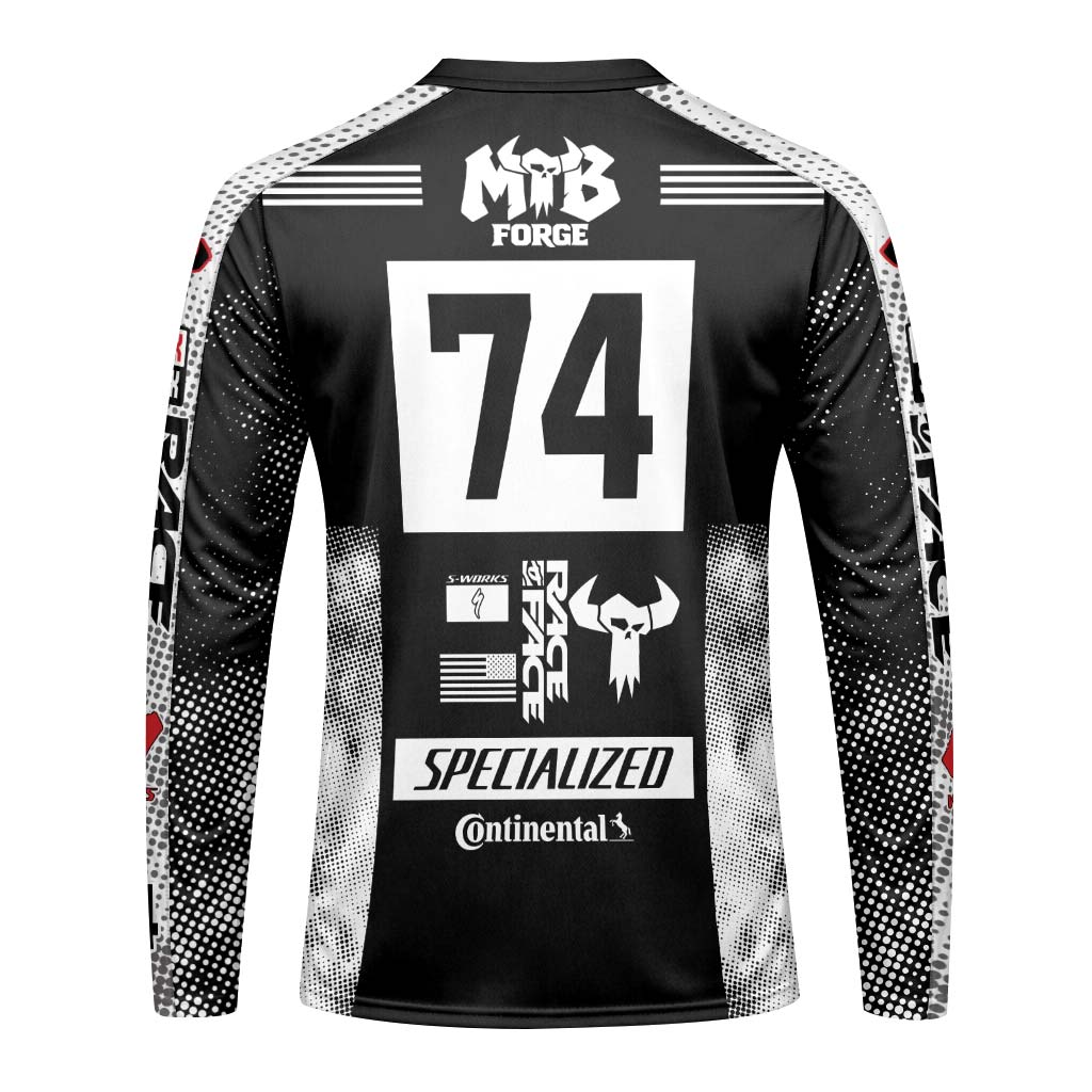 Specialized S-Works 74 Black White Long Sleeve Mountain Bike Jersey – Back View Mockup