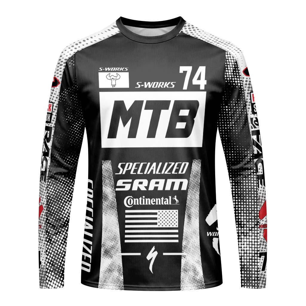 Specialized S-Works 74 Black White Long Sleeve Mountain Bike Jersey – Front View Mockup