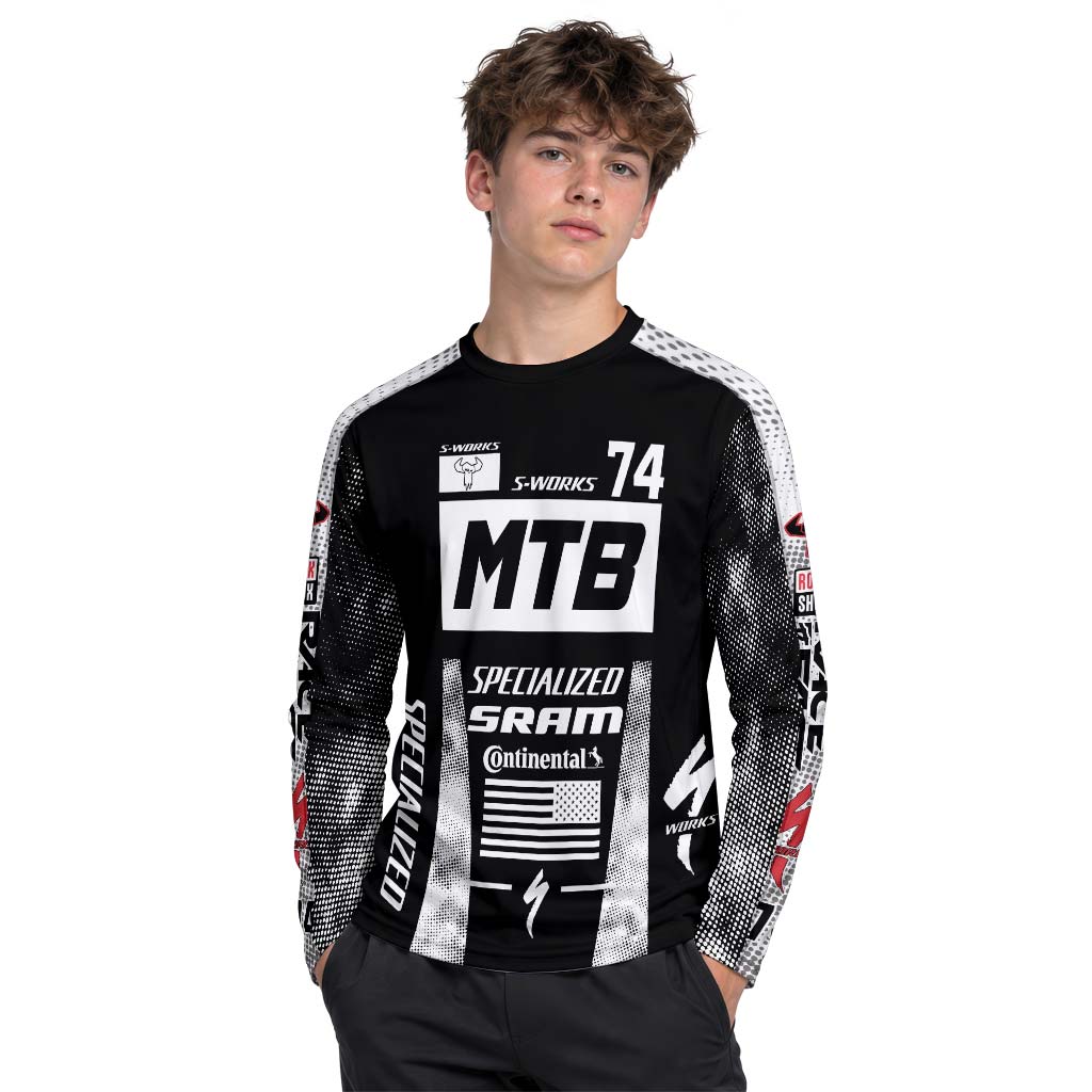 Specialized S-Works 74 Black White Youth Long Sleeve Mountain Bike Jersey – Boy Lifestyle View
